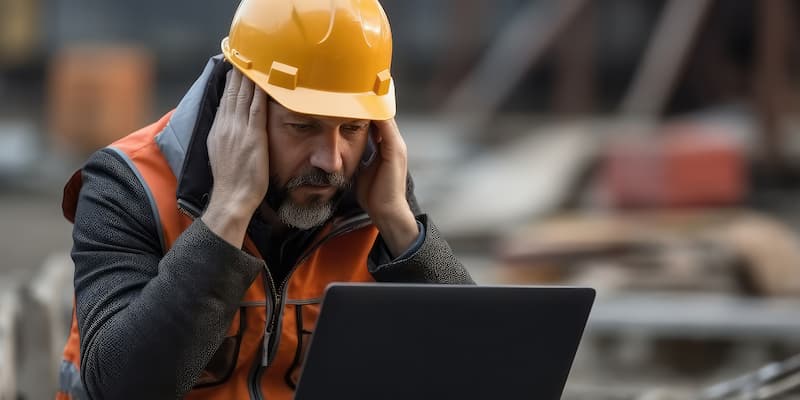 Construciton worker looking at screen feeling stressed due to burn out